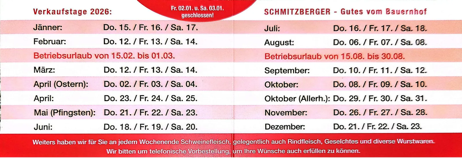 Aushang mit den Verkaufstagen 2026